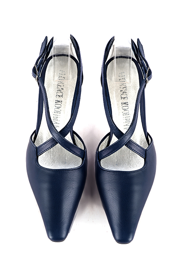 Women's navy blue open side dress shoes, with crossed straps. Tapered toe. Medium spool heels - Top view